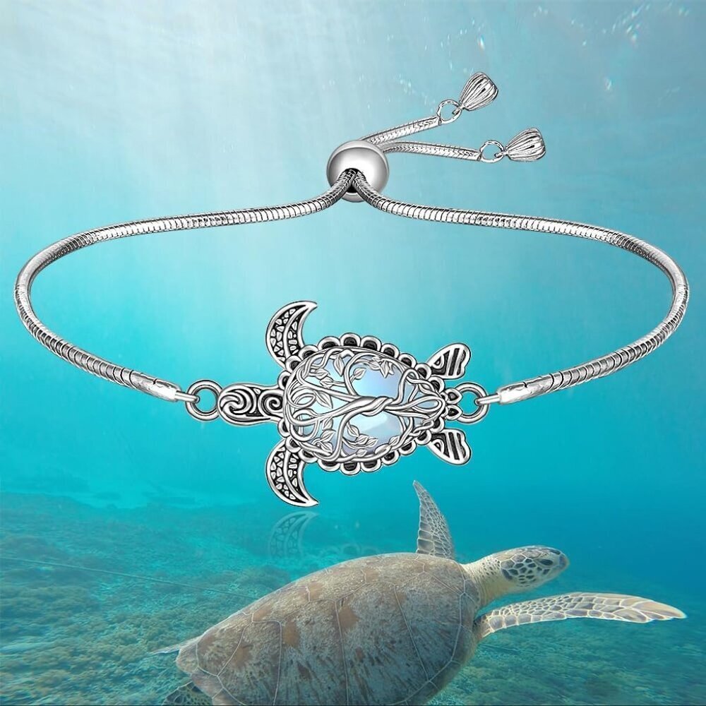 Sterling Silver Turtle Bracelet Moonstone Tree of Life Ocean Jewelry for Women - Picture 7 of 9